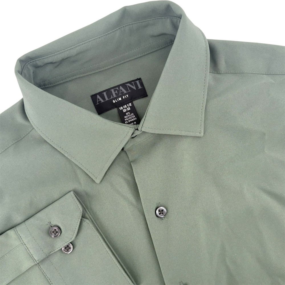 Alfani Mens Slim Fit Dress Shirt Organic Green 15-15.5 32-33 Recycled Stretch